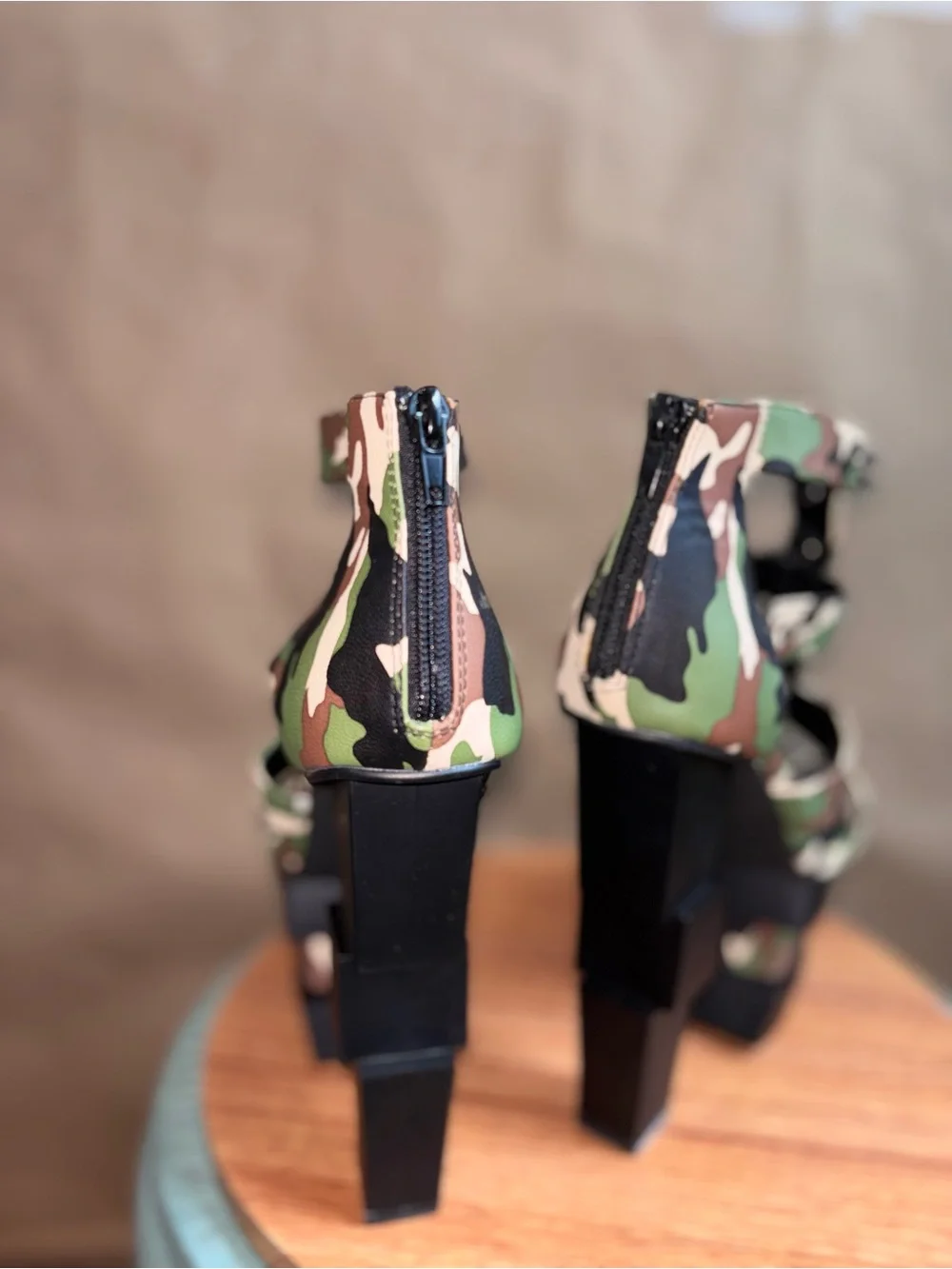 Camouflage Platform Strappy Heels with Spike Detail. Size 8